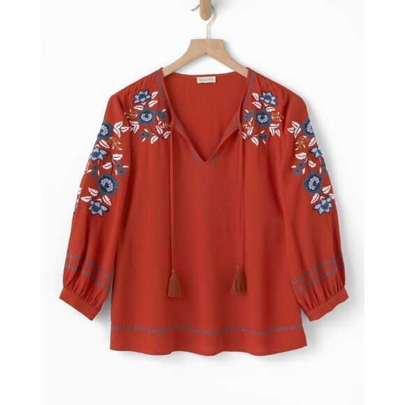 ✨Garnet Hill Embroidered-Yoke Bishop-Sleeve Sz Small Blouse✨ - Picture 4 of 13